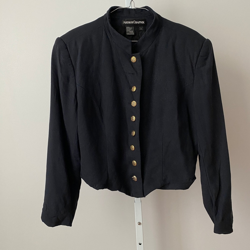 Arthur Chapnik Black Wool Blend Button Front Blazer Jacket Womens Size 12